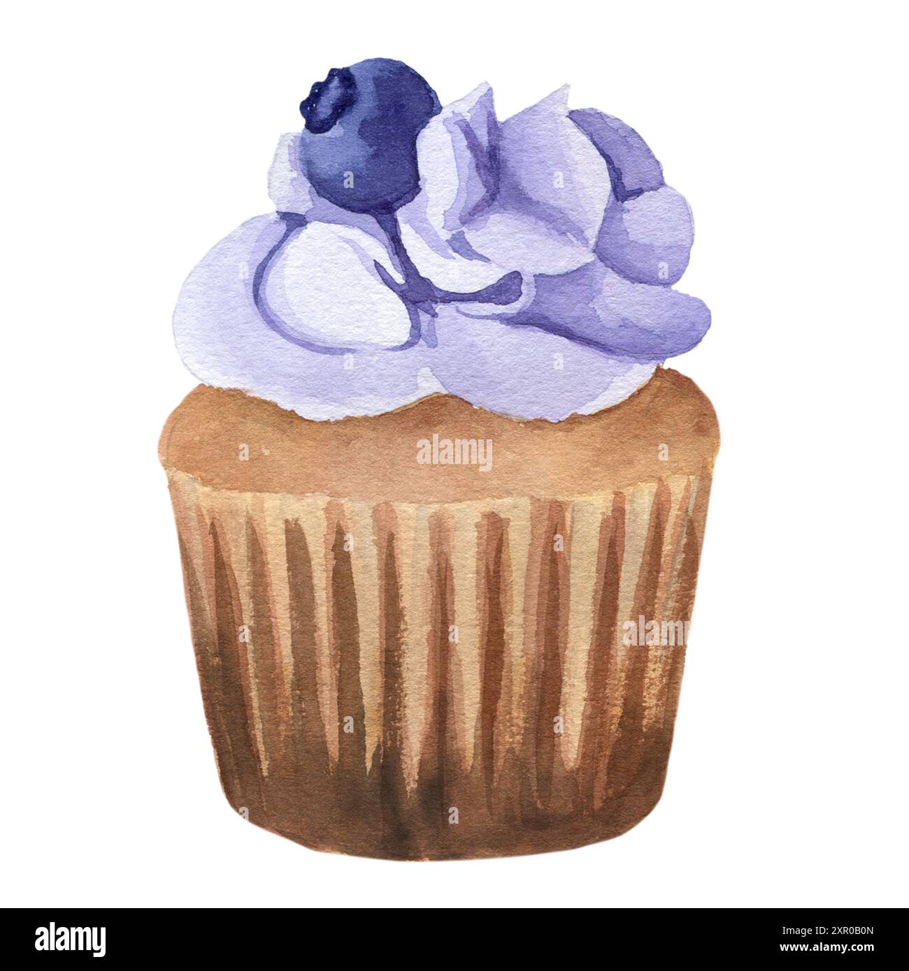 Cupcake with blueberries and whipped cream topping. Watercolor ...