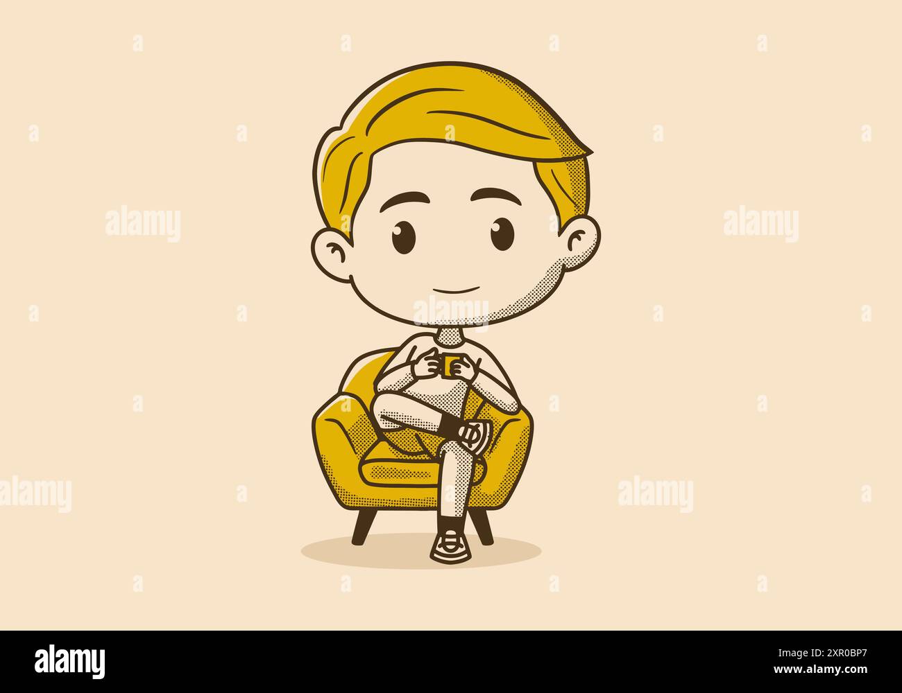 Retro boy character sitting on the sofa and drinking coffee ...