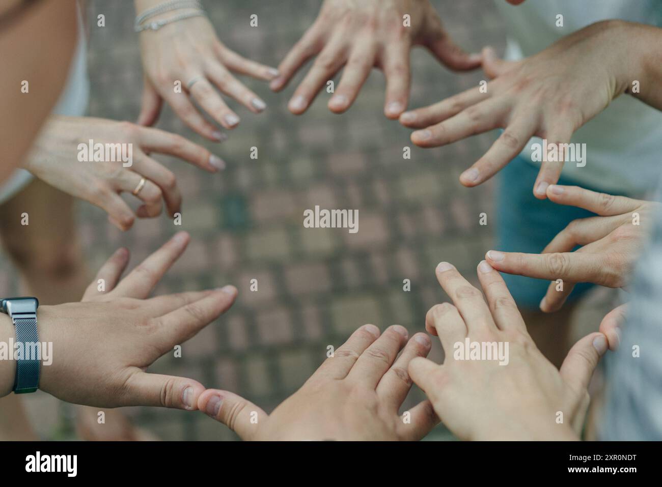 hands circle, business people or teamwork by sky background for support, solidarity or goal. High quality photo Stock Photo