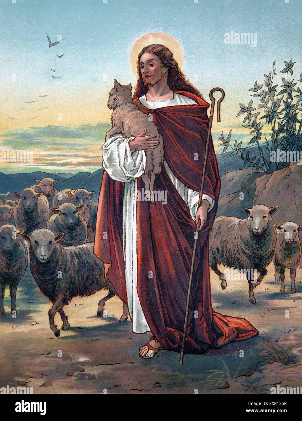 Illustration of Jesus Christ as the Good Shepherd (Gospels)Antique 19th Century  Book God is Love Bible Pictures and Stories for the Young by Mrs L. H Stock Photo
