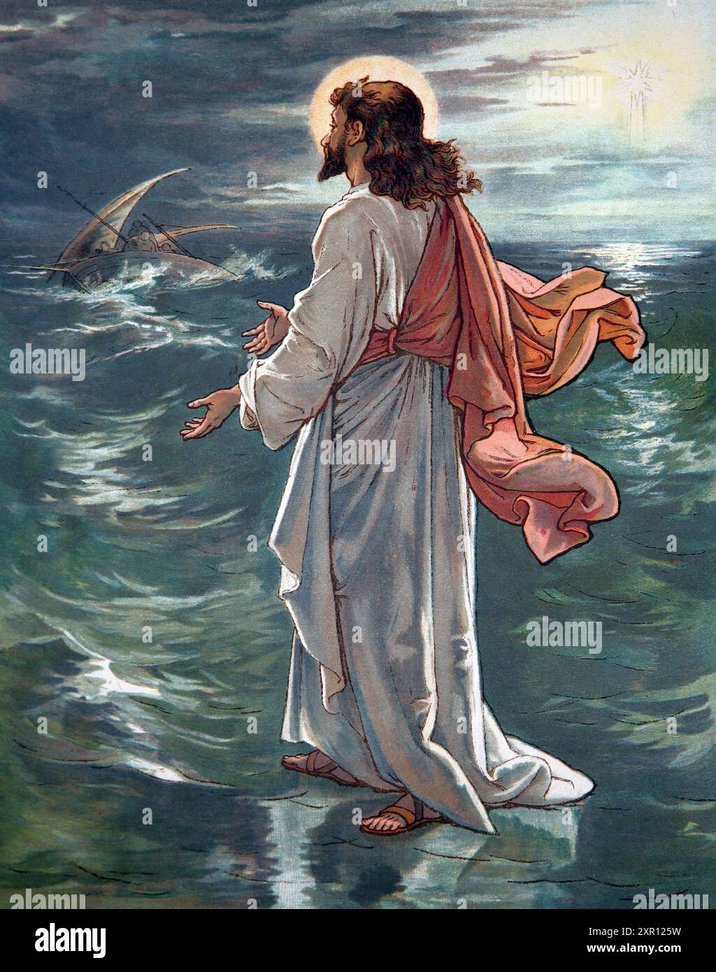 Illustration of Jesus Christ Walking on Water to get to his Disciples in the Storm from Antique 19th Century  Book God is Love Bible Pictures and Stor Stock Photo