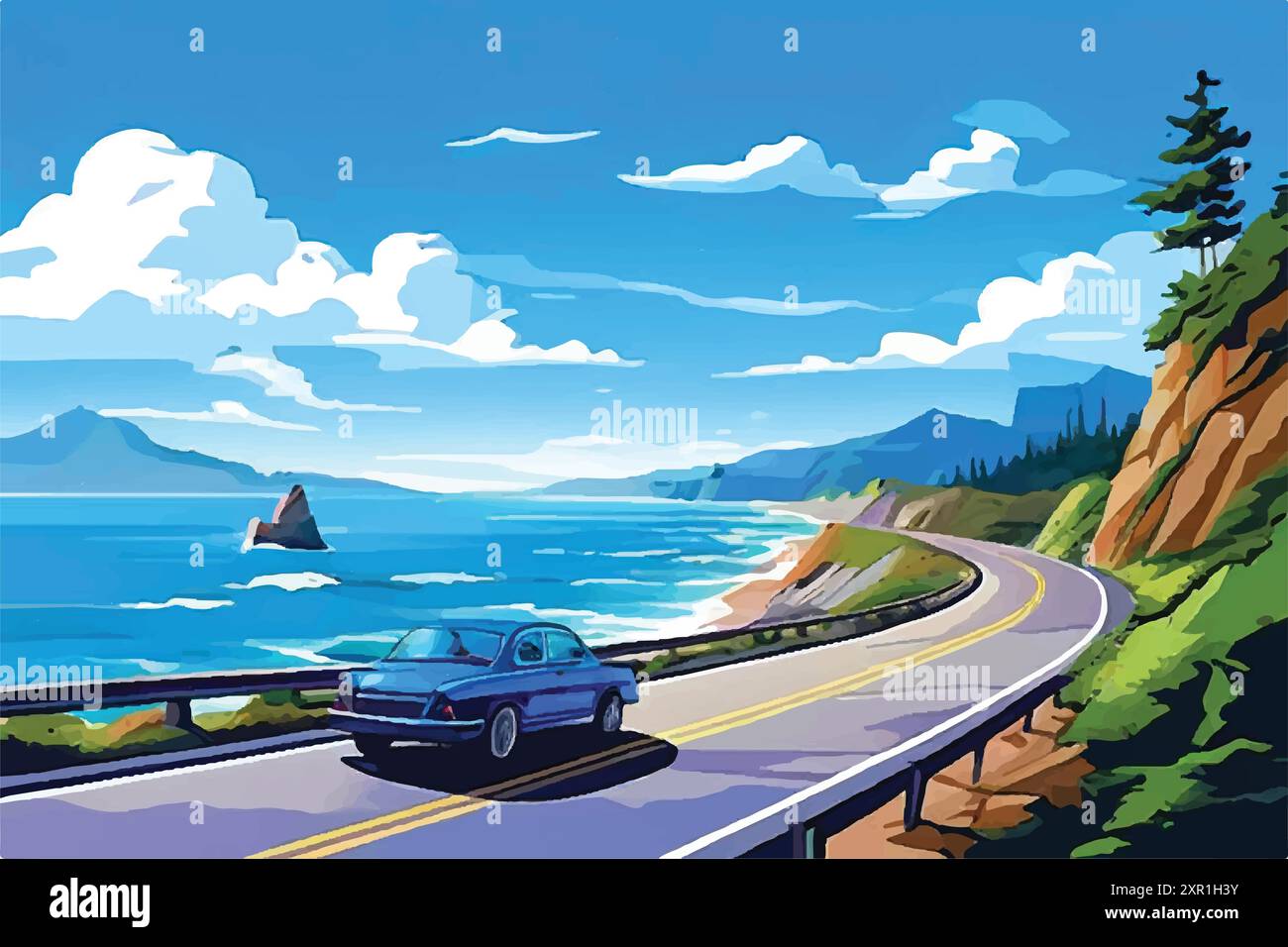 Summer road trip adventure, car driving along a scenic coastal highway, with winding roads, breathtaking ocean views, and a clear blue sky. Stock Vector