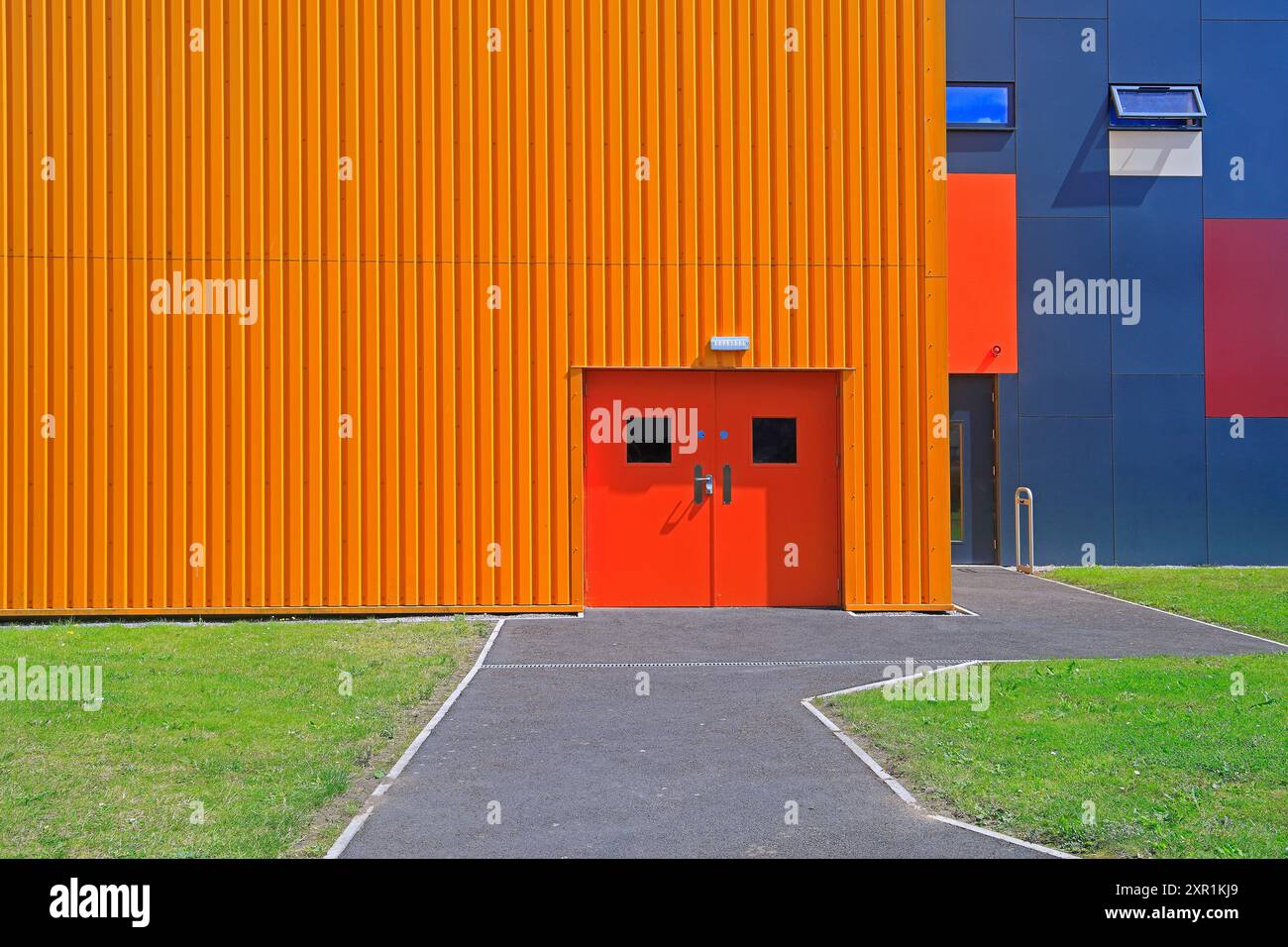 Interesting colourful architecture in orange corrugated iron. University Hospital of Wales, Heath Hospital. Taken August 2024 Stock Photo