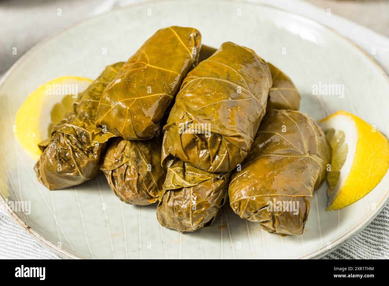 Healthy Greek Stuffed Grape Leaves with Lemon and Filling Stock Photo