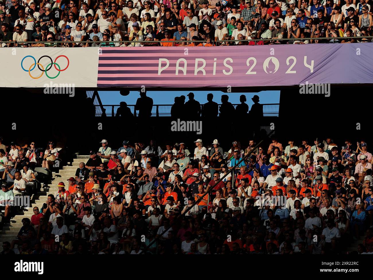 Paris, France. 8th Aug, 2024. Spectators are seen during the Athletics at the Paris 2024 Olympic Games in Paris, France, Aug. 8, 2024. Credit: Li Gang/Xinhua/Alamy Live News Stock Photo