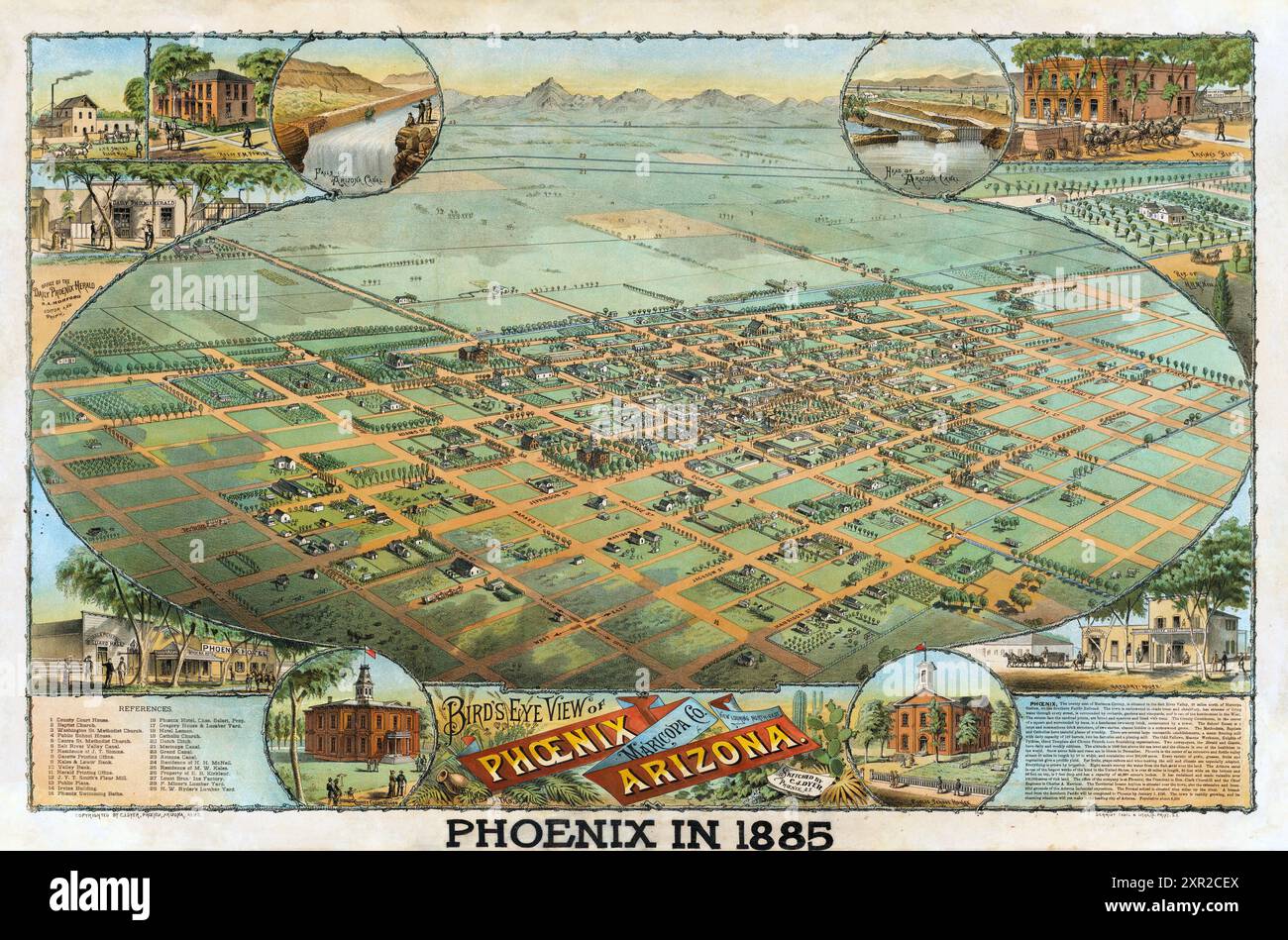 Vintage Pictorial Map of the city of Phoenix, Arizona, 1885. Stock Photo