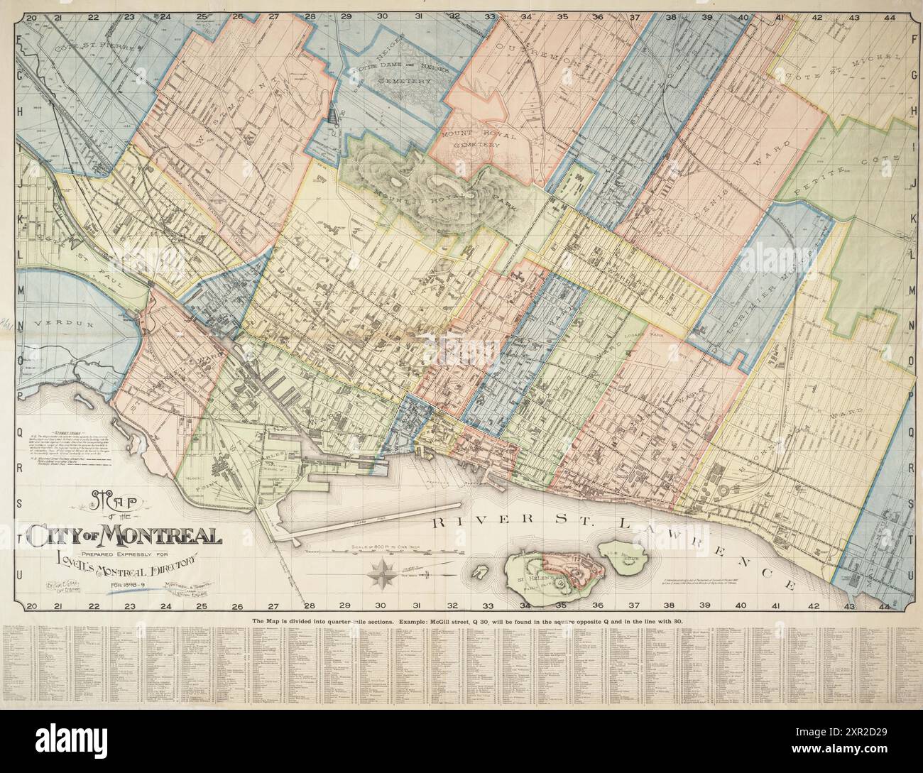 Vintage archive Coloured Street Map of the city of Montreal : prepared expressly for Lovell's Montreal Directory for 1898-9.  by  Charles E Goad. Stock Photo