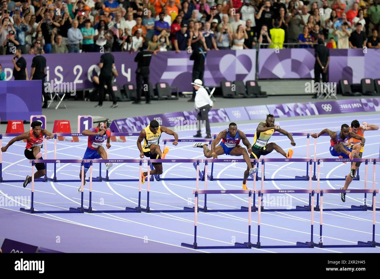 Athletes Compete In The Men s 110 meters Hurdles Final At The 2024 athletes-compete-in-the-men-s-110-meters-hurdles-final-at-the-2024