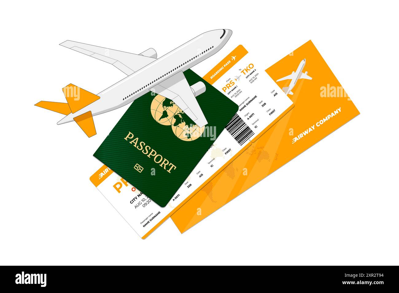 Passenger airplane flying above international passport with airway flight yellow ticket. Personal identification document and airline boarding pass. Air travel journey booking sign with citizenship id Stock Vector