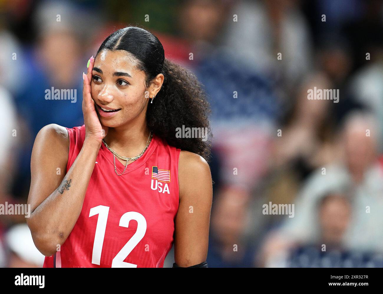 Paris, France. 8th Aug, 2024. Jordan Thompson of the United States reacts after the women's semifinal of volleyball between Brazil and the United States at the Paris 2024 Olympic Games in Paris, France on Aug. 8, 2024. Credit: Liu Dawei/Xinhua/Alamy Live News Stock Photo