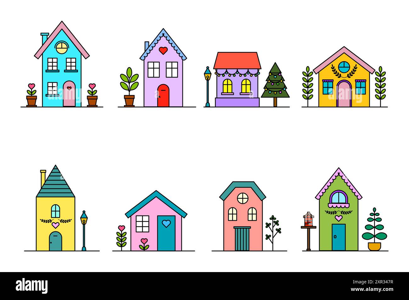 Colorful house icons. Cute home illustrations. Simple vector graphics ...