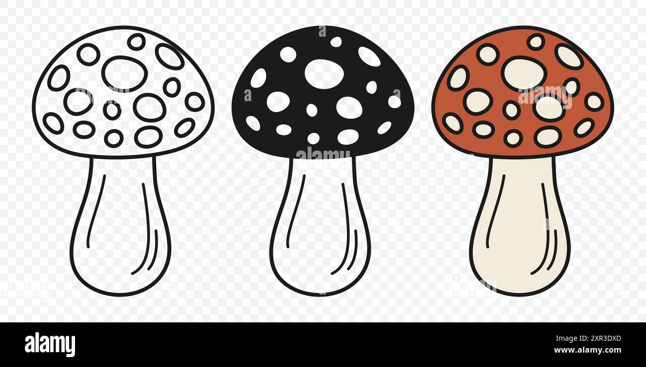 Flat Vector Hand Drawn Cartoon Fly Agaric Mushrooms Outline ...