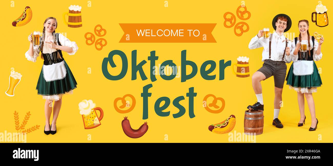 Greeting banner for Octoberfest with happy people on yellow background ...