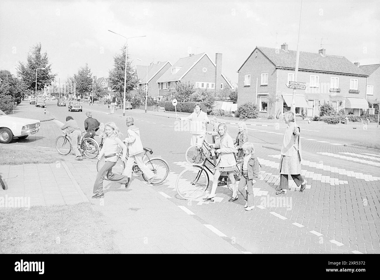 Traffic sergeants or crossing guards allow children to cross at the zebra crossing, Traffic, safe traffic, Driehuis, Van den Vondellaan, 14-09-1972, Whizgle Dutch News: Historic Images Tailored for the Future. Explore The Netherlands past with modern perspectives through Dutch agency imagery. Bridging yesterday's events with tomorrow's insights. Embark on a timeless journey with stories that shape our future. Stock Photo