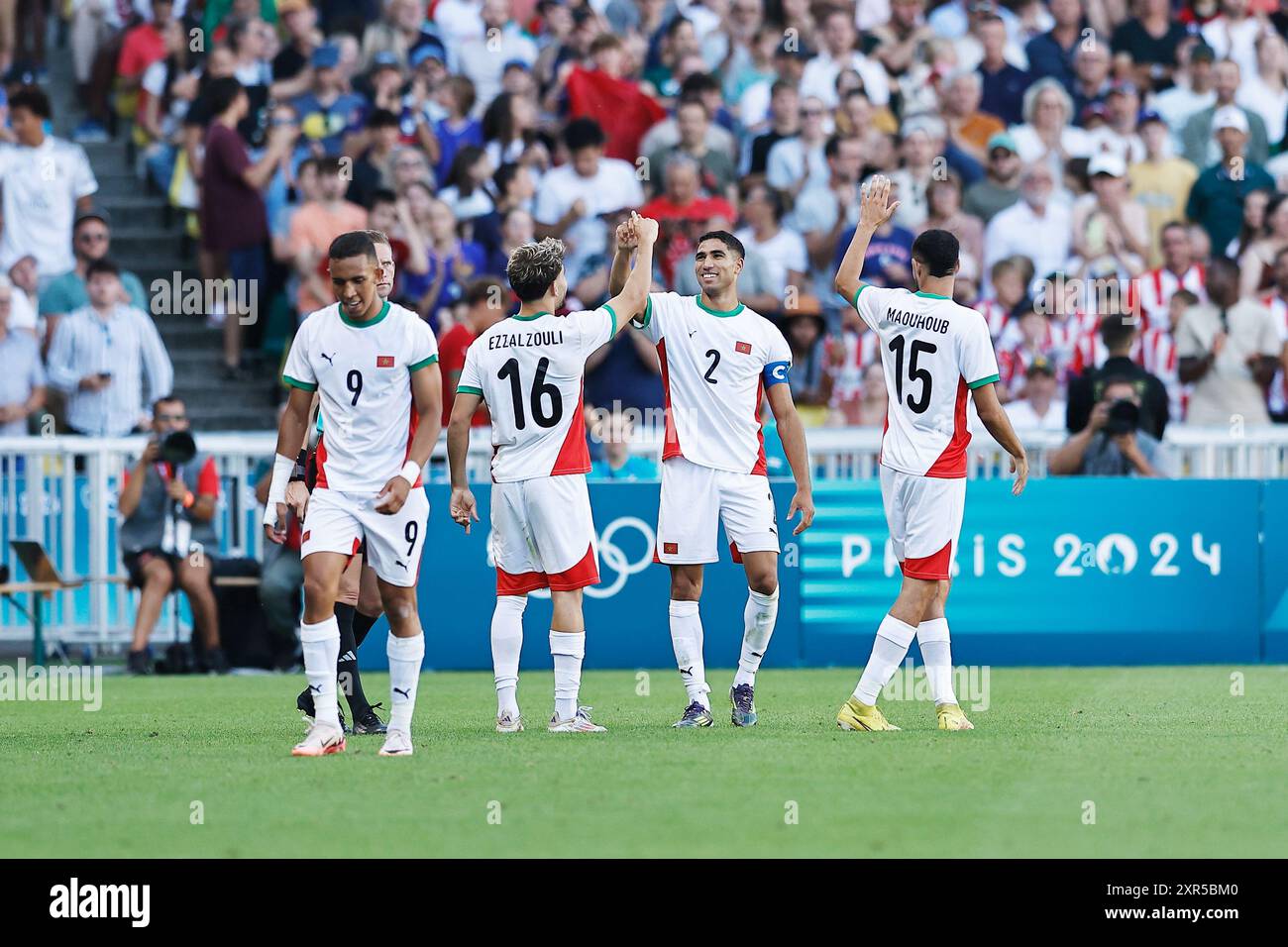 Nantes, France. 8th Aug, 2024. Achraf Hakimi (MAR) Football/Soccer : Hakimi celebrate aftr his goal with team players during Paris 2024 Olympic Games Men's football Bronze Medal Match between Egypt 0-6 Morocco at the Stade de la Beaujoire in Nantes, France . Credit: Mutsu Kawamori/AFLO/Alamy Live News Stock Photo