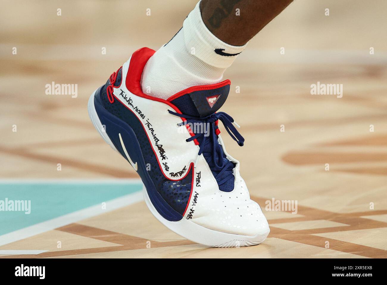 PARIS FRANCE. 8th Aug 2024. A detail shot of the personally inscribed Nike shoes of LeBron James 6 of Team United States during the Men s Basketball semifinal match between the United States