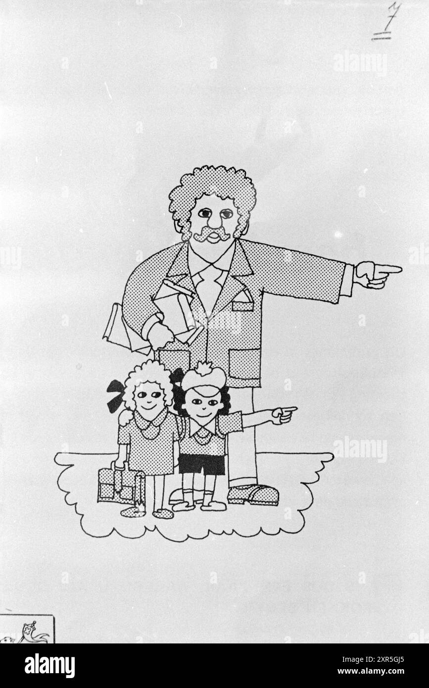 Cartoon character man with two children, 00-05-1972, Whizgle Dutch News: Historic Images Tailored for the Future. Explore The Netherlands past with modern perspectives through Dutch agency imagery. Bridging yesterday's events with tomorrow's insights. Embark on a timeless journey with stories that shape our future. Stock Photo