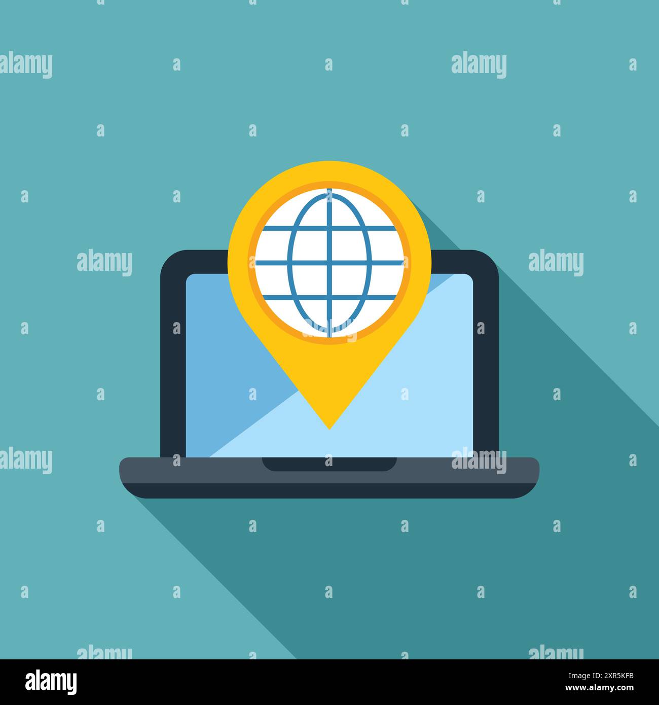 Laptop showing world globe with location pin icon over blue background Stock Vector