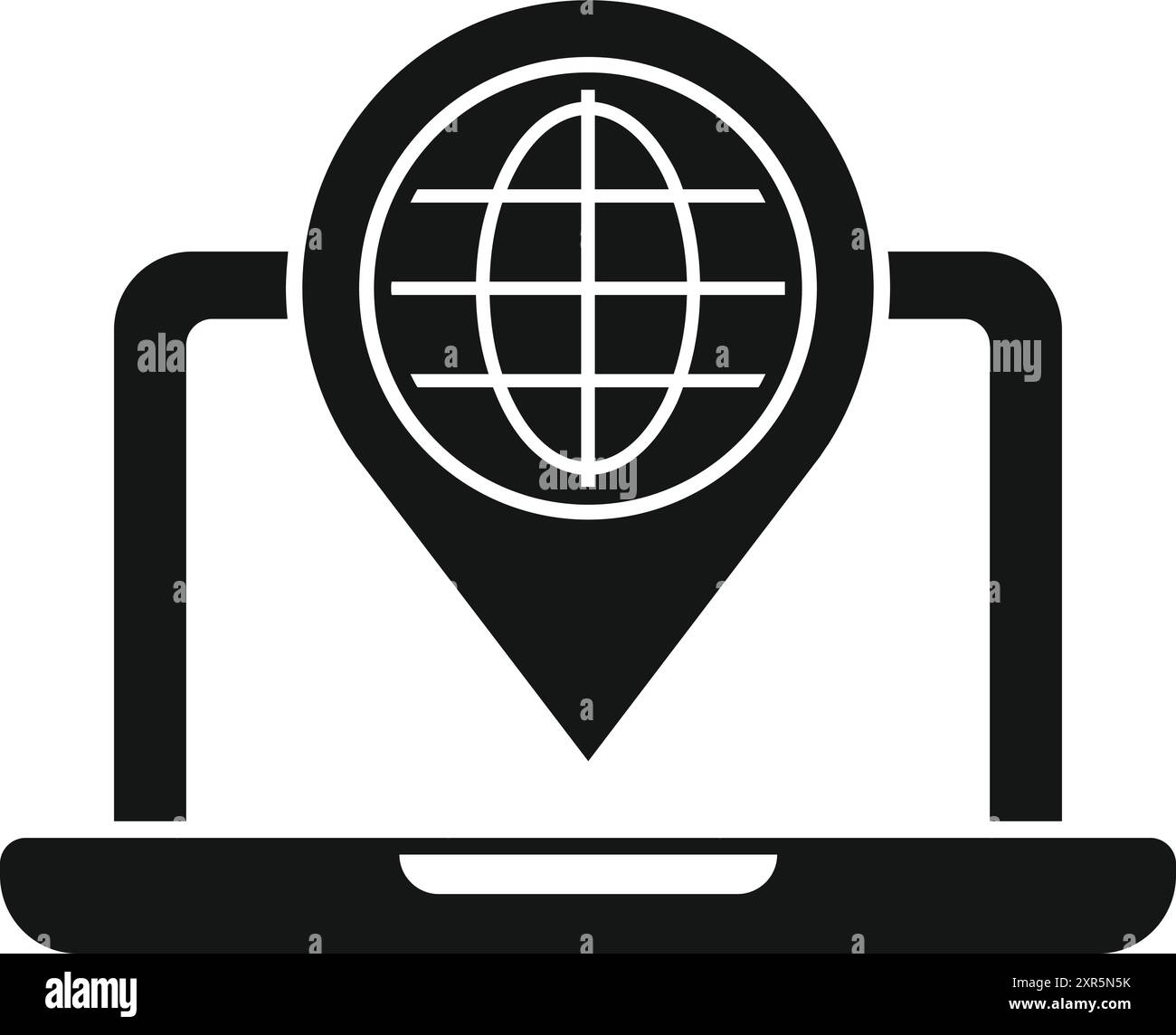 Laptop displaying a globe inside a map pin, symbolizing global connectivity Stock Vector