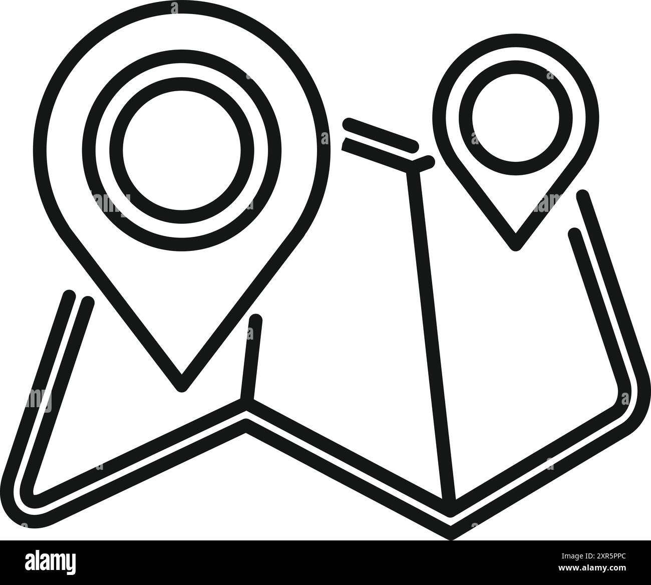 Two location pins are marking the start and end of a route on a folded ...