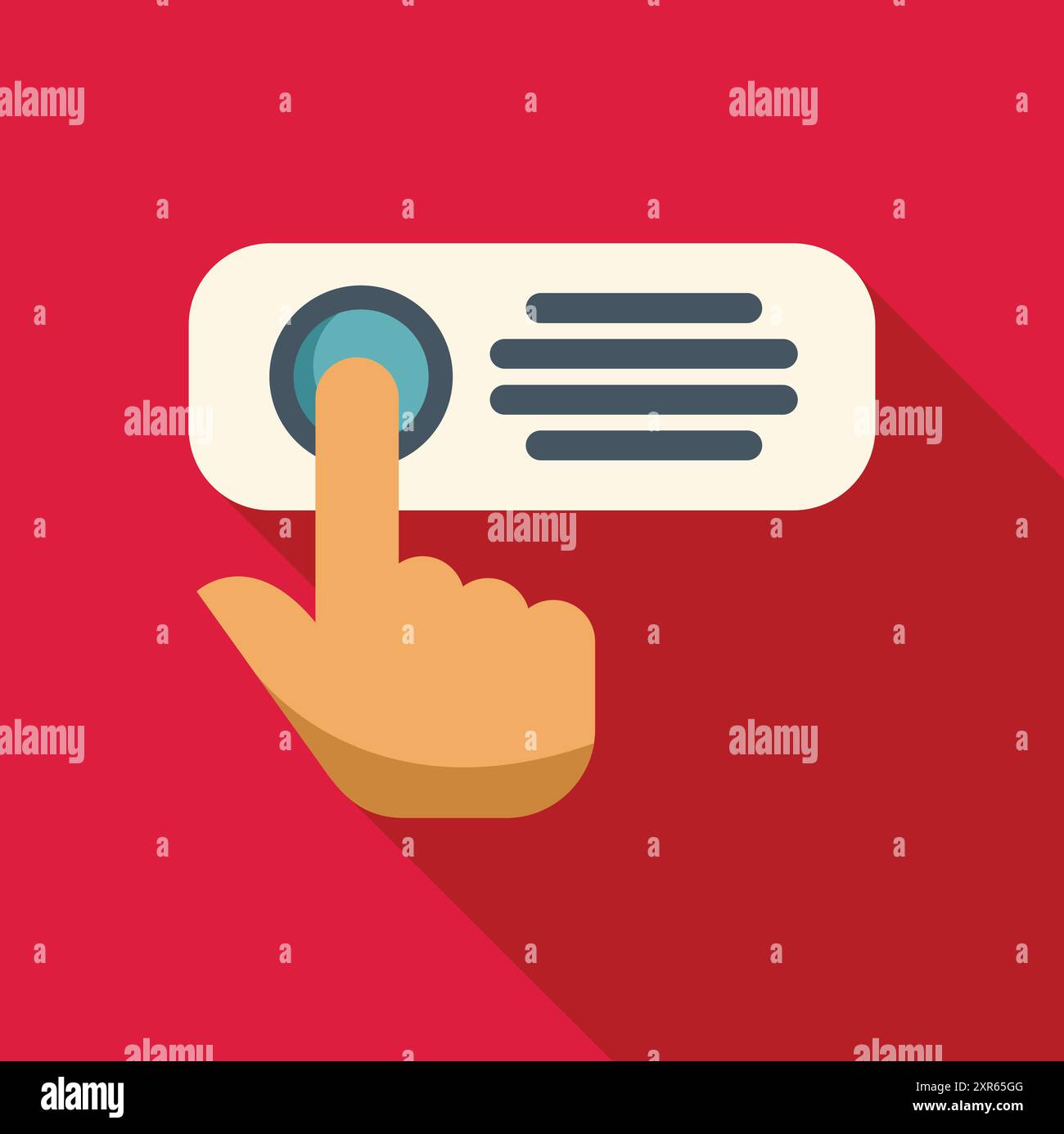 Hand pressing round button on control panel icon in flat style with long shadow on red background Stock Vector