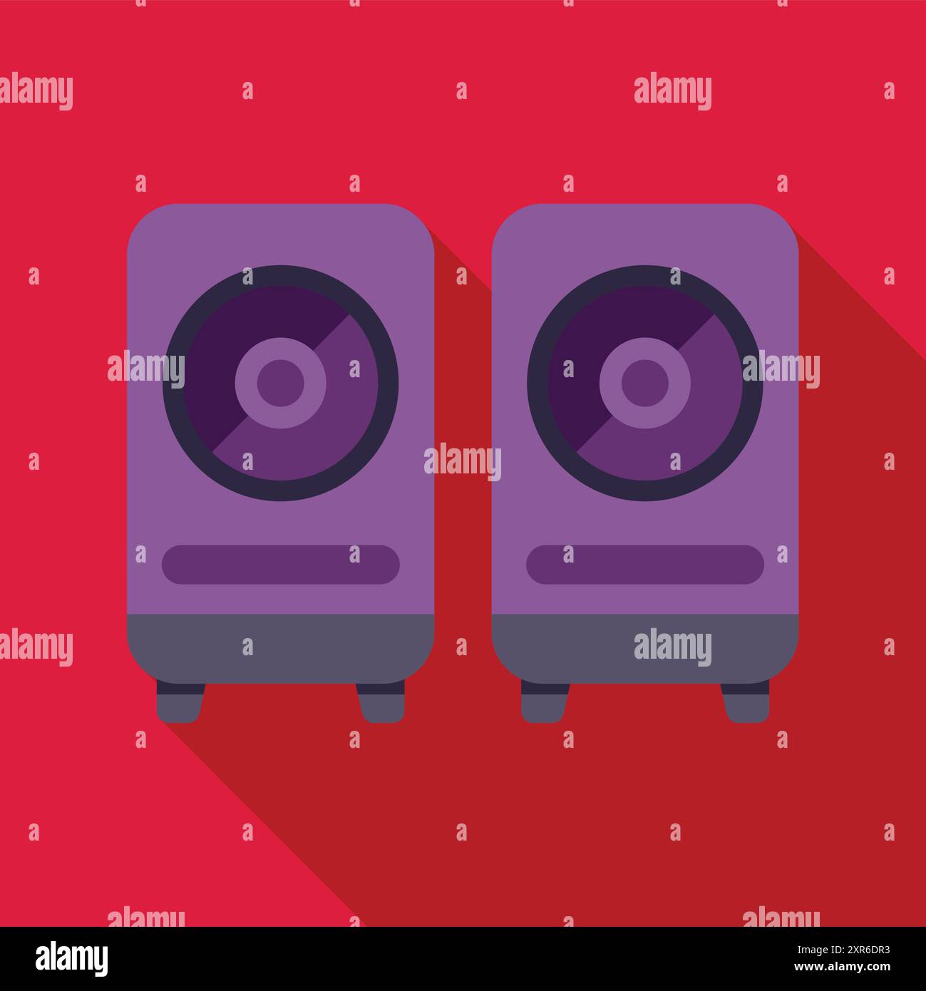 Two purple speakers playing music loudly with long shadows on a red background Stock Vector