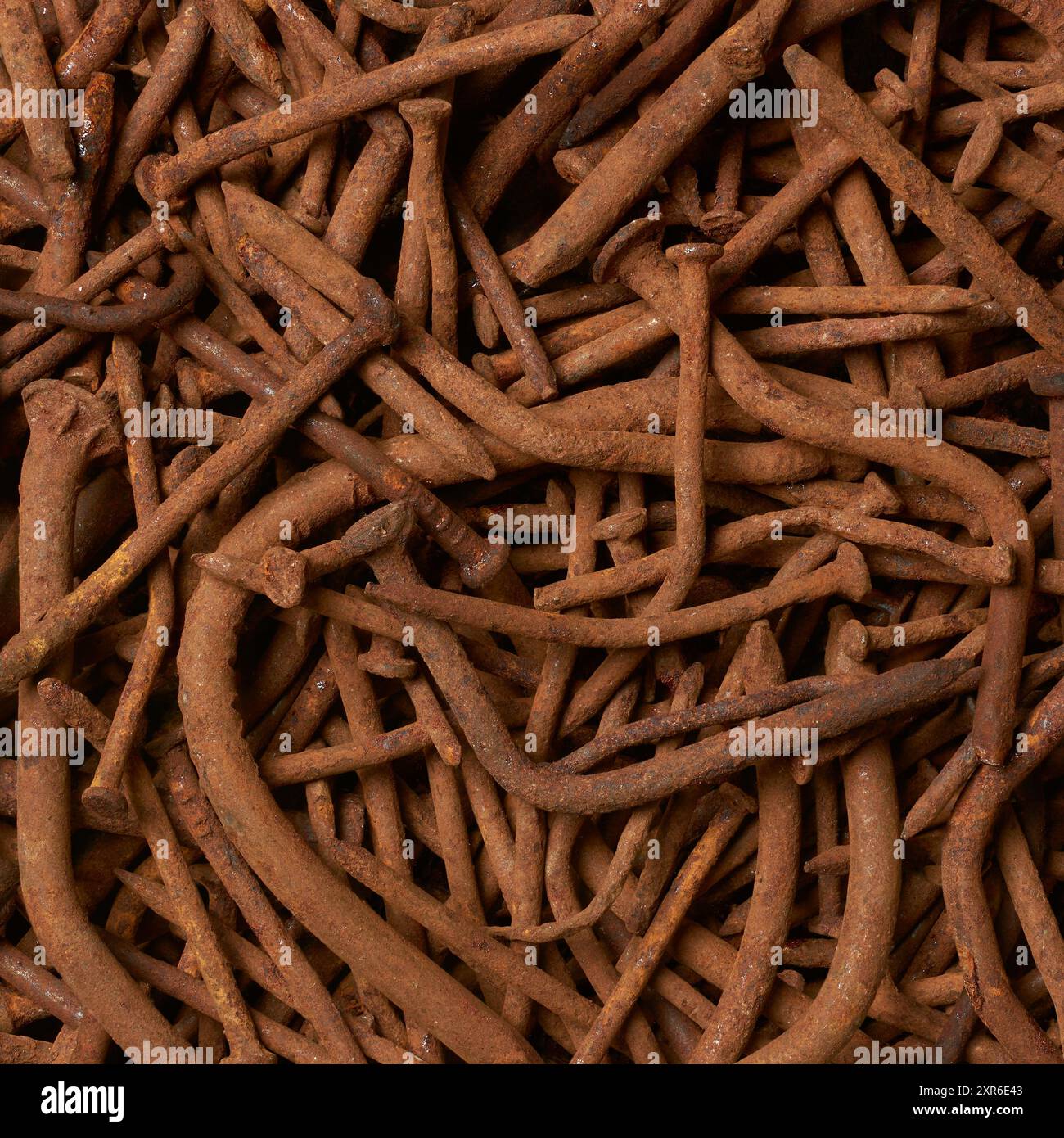 close-up of rusty old warped nails in full frame background, corroded and unusable brownish steel construction fastening material result of rust, bent Stock Photo