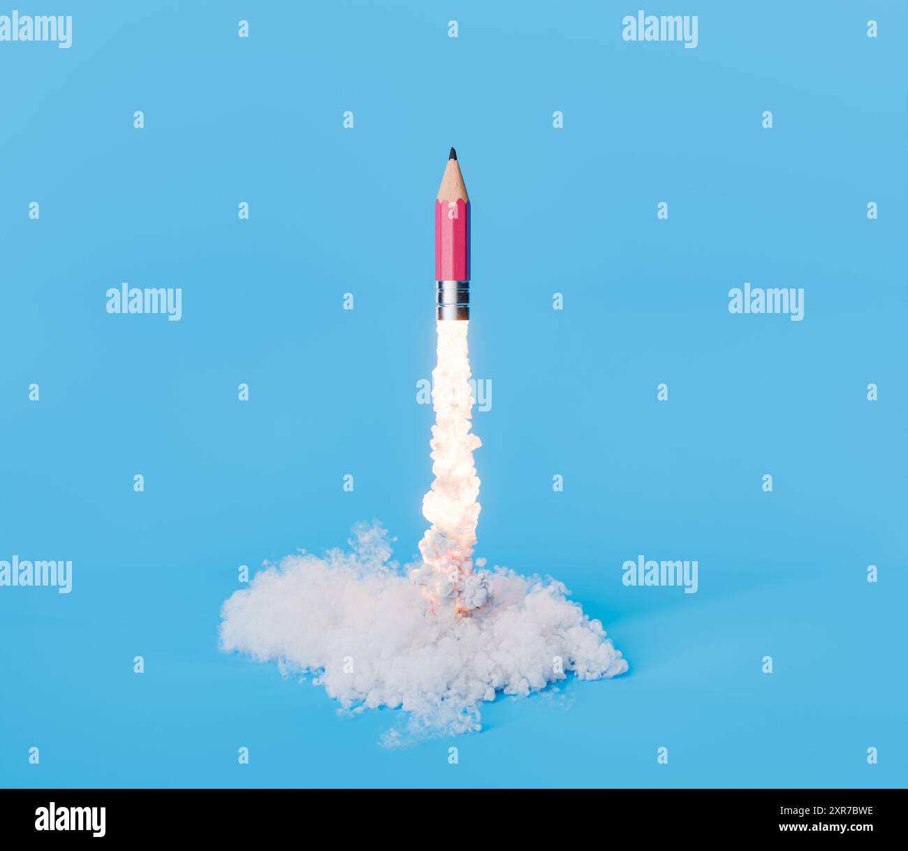 3D rendering of a pencil taking off like a rocket with smoke on a blue ...