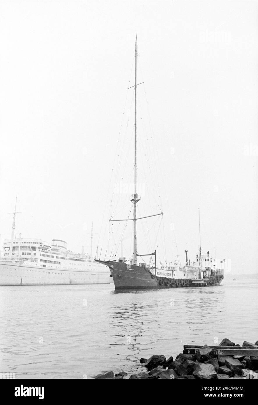 Ship Mi Amigo, sailing under the flag of Panama, which is the base of the radio station Caroline, is ready to go to sea again. The ship was damaged in mid-January and has since been docked in Zaandam for repairs., IJmuiden, The Netherlands, 05-04-1966, Whizgle Dutch News: Historic Images Tailored for the Future. Explore The Netherlands past with modern perspectives through Dutch agency imagery. Bridging yesterday's events with tomorrow's insights. Embark on a timeless journey with stories that shape our future. Stock Photo