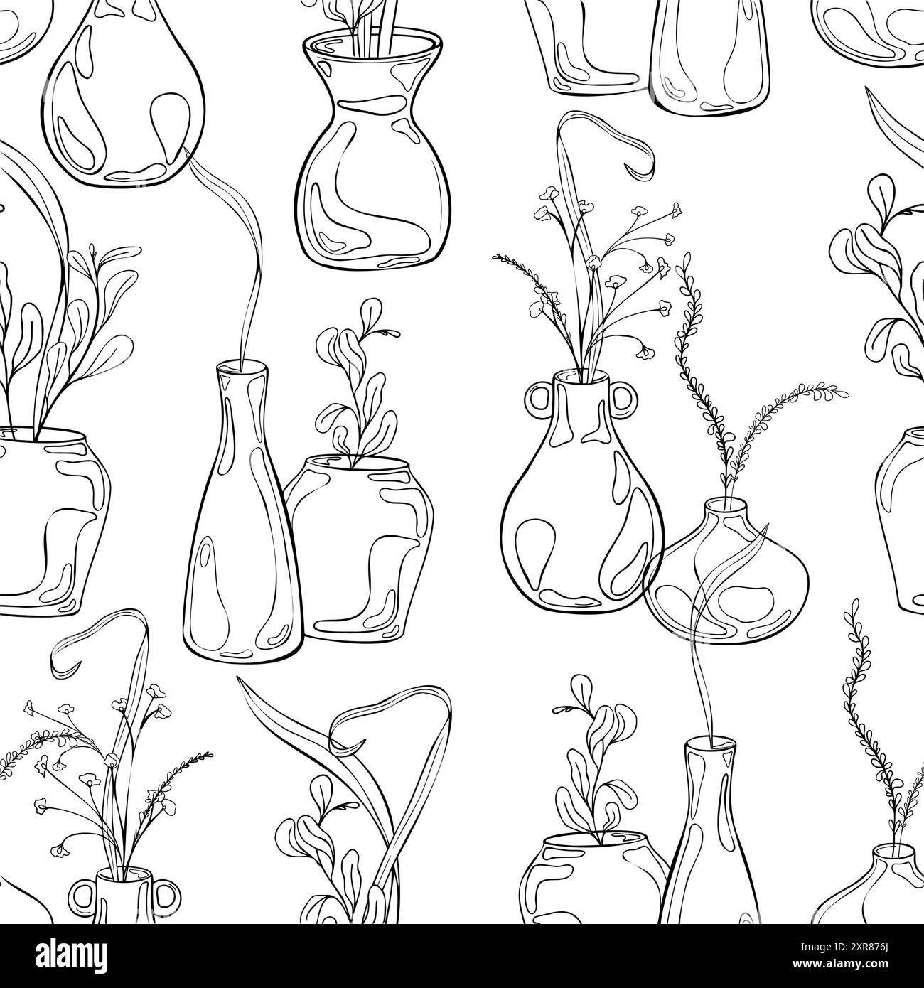 Vases with floral arrangement in black white vector seamless pattern ...