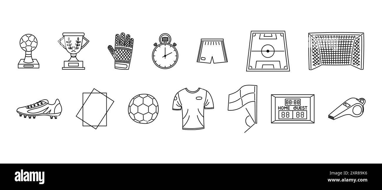 Football icon. Vector set of soccer icons in black and white line style ...