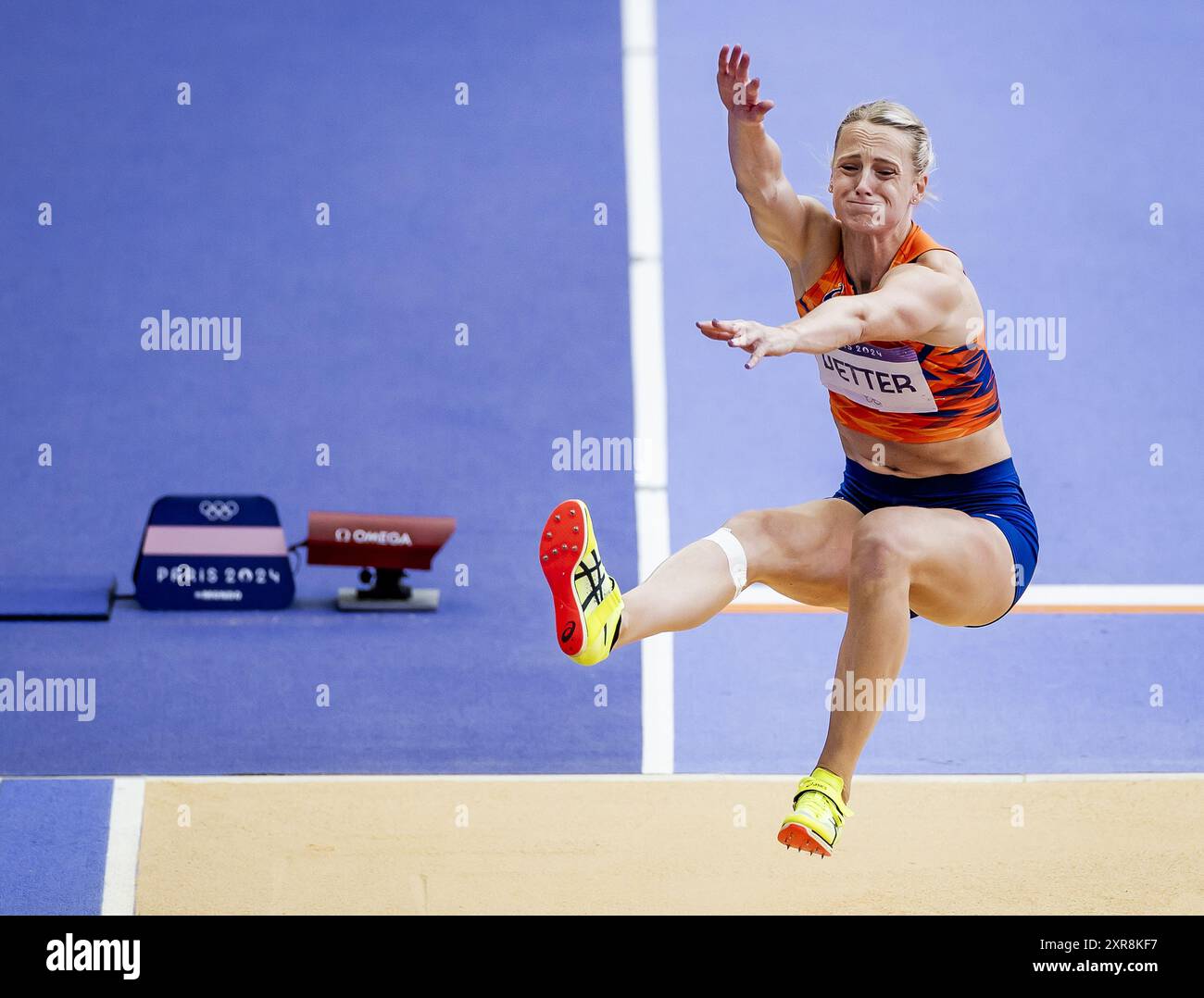 PARIS - Anouk Vetter in action in the long jump event of the heptathlon ...