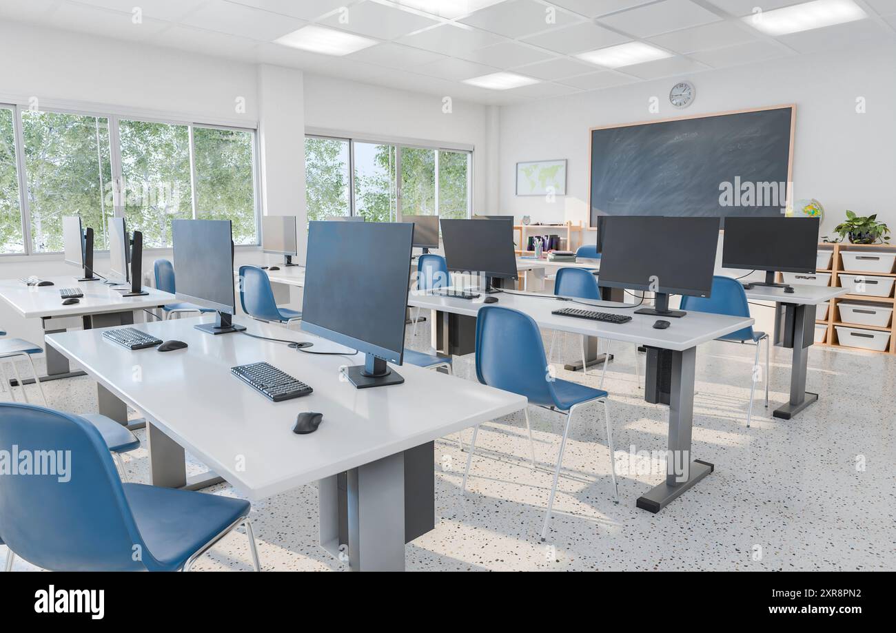Modern computer classroom featuring multiple monitors on white desks ...