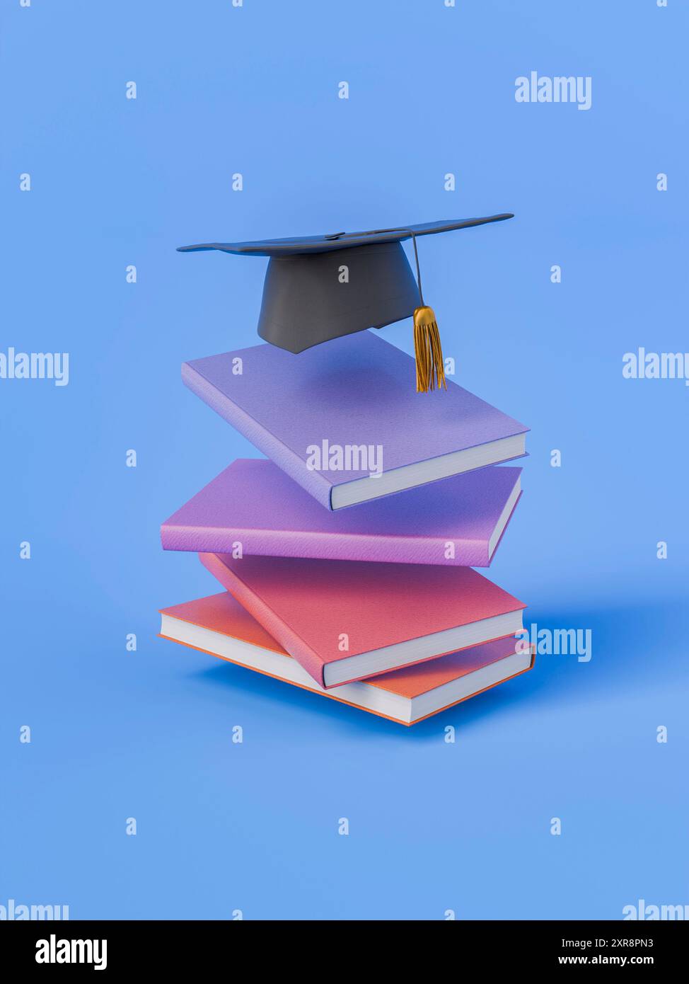Graduation cap placed on top of a stack of colorful books against a ...