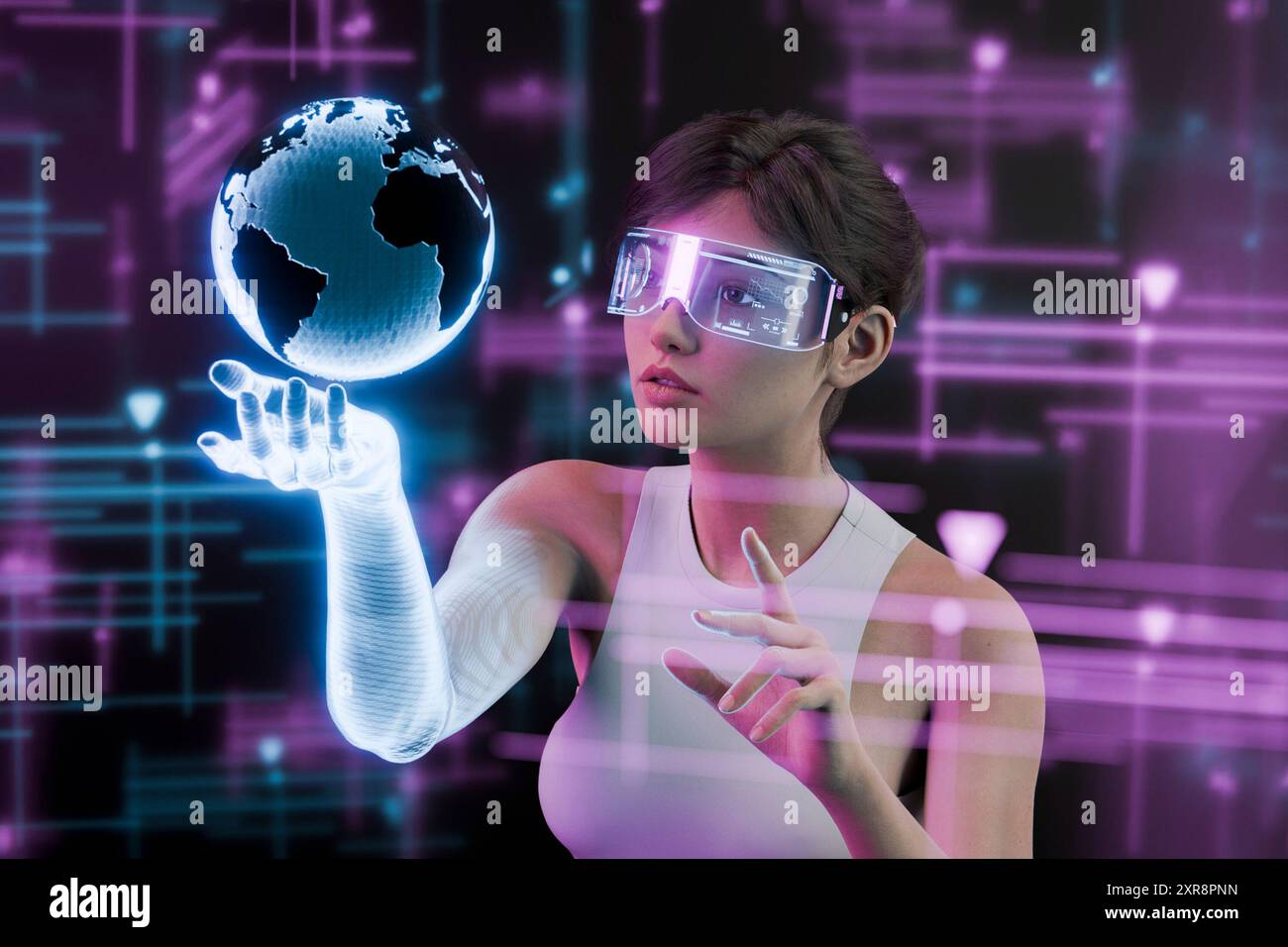 A woman wearing augmented reality glasses interacts with a holographic ...