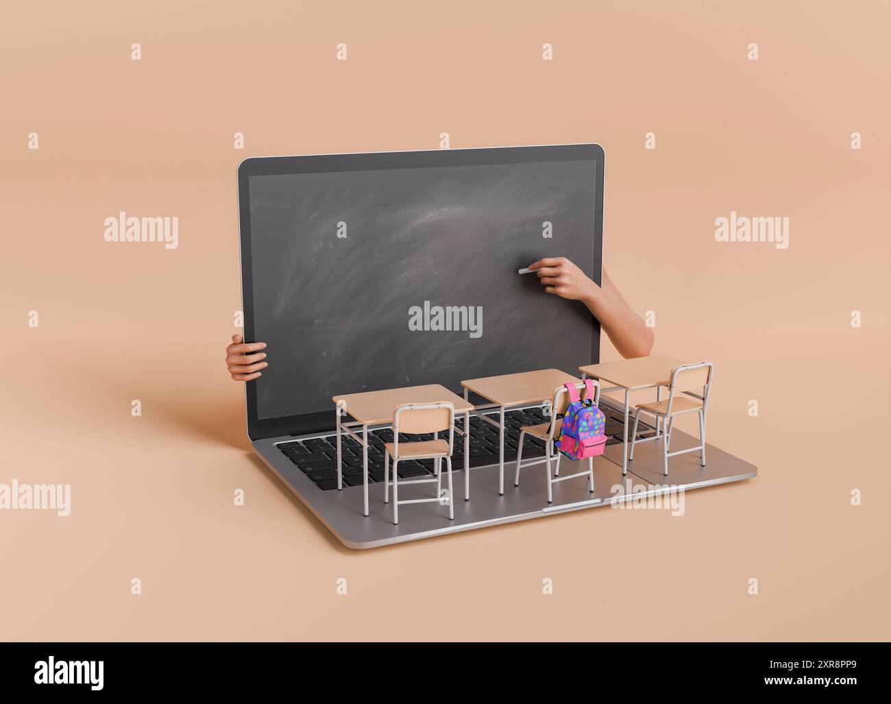 Laptop screen depicted as a chalkboard with miniature desks and chairs ...