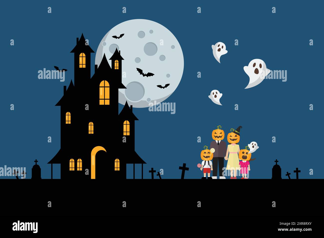 Spooky family and haunted house. Happy halloween party poster. Vector illustration Stock Vector