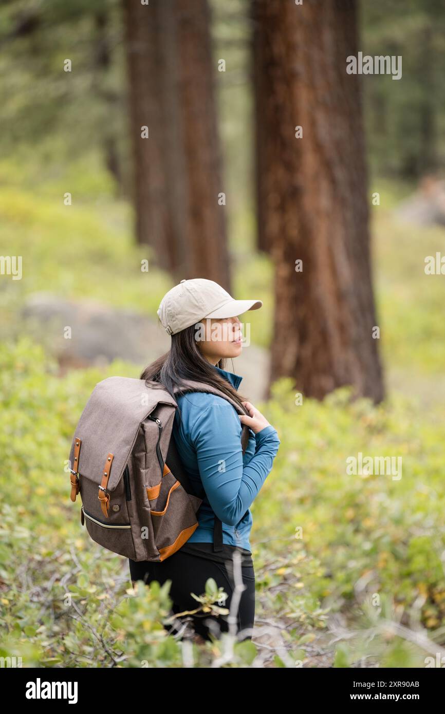 Woman hiker with backpack in the forest Stock Photo - Alamy
