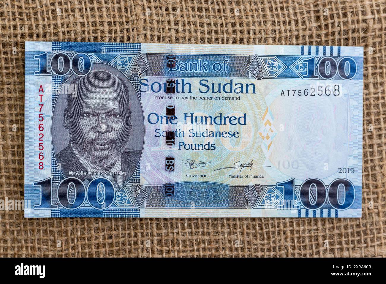 South Sudanese One Hundred Pounds Banknote with Portrait of Dr. John Garang de Mabior Stock Photo