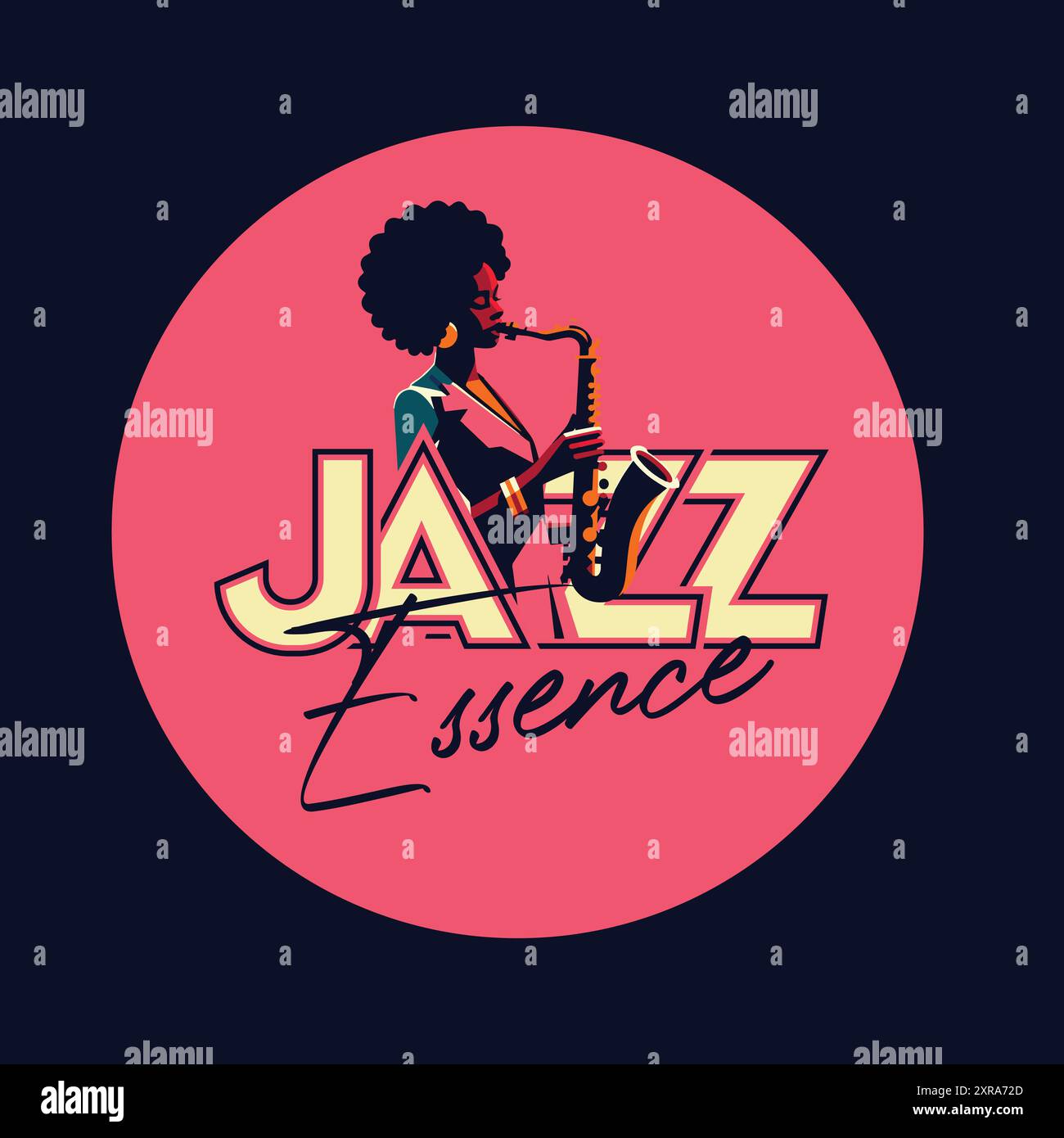 Essence  Jazz - saxophone playing African American woman jazz musician in vibrant colors minimalist vector illustration. Stock Vector