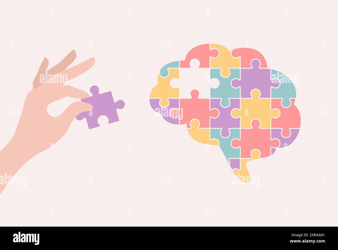 A hand placing a missing puzzle piece into a colorful puzzle brain ...