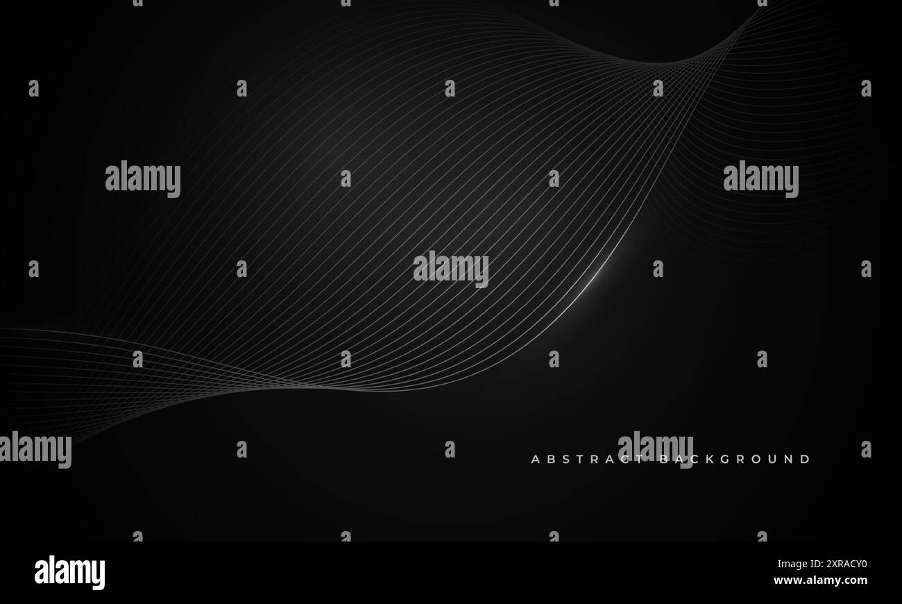 Abstract black vector background with gray glowing wavy lines. Dark ...