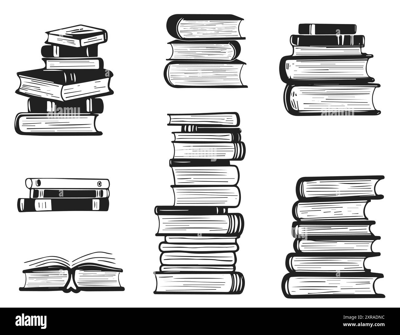 Hand drawn stack of books. Black and white doodle style vector ...