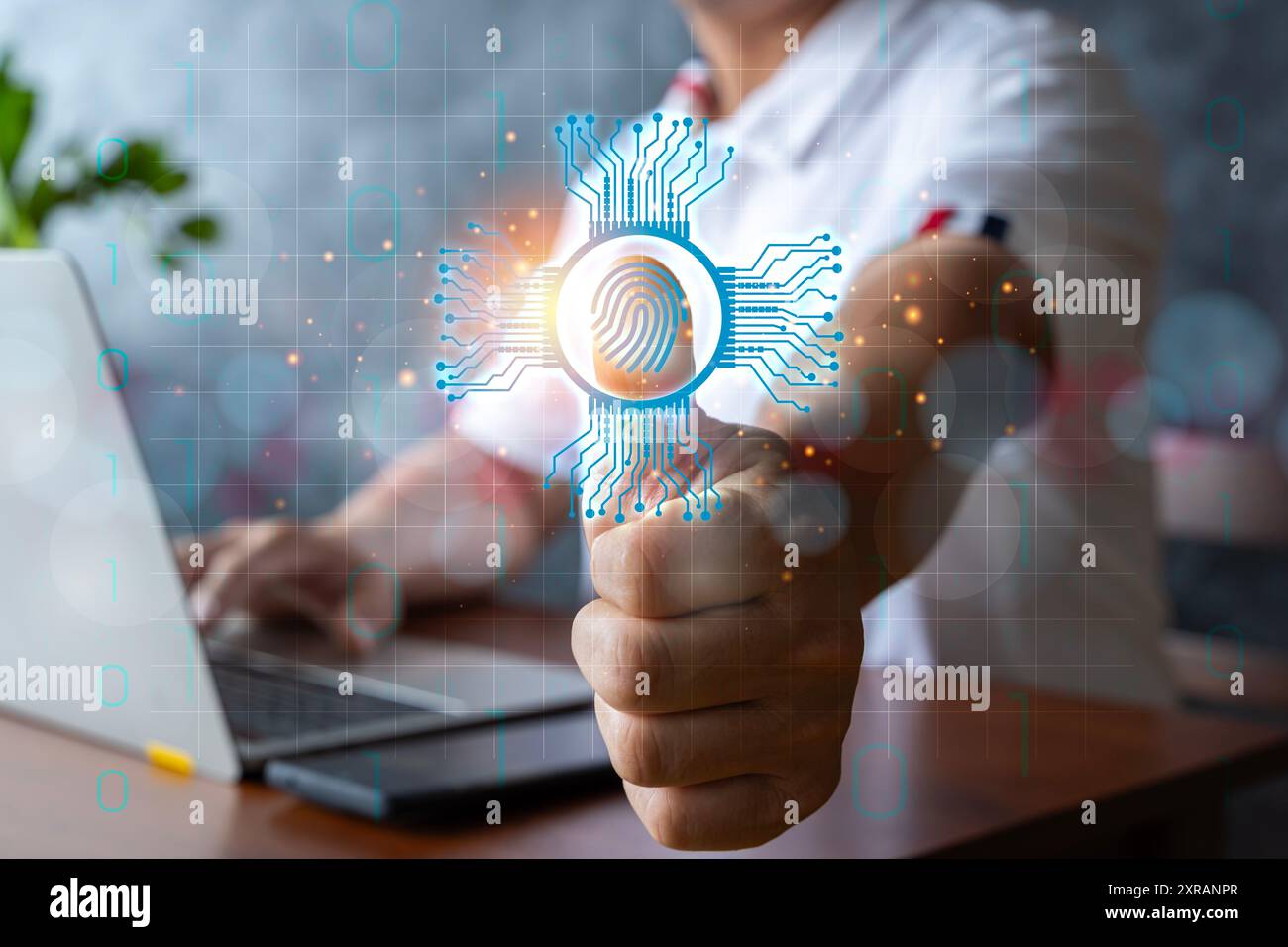 Man touch fingerprint with virtual global with cyber security, login, User, identification information cyber security and encryption, secure access to Stock Photo