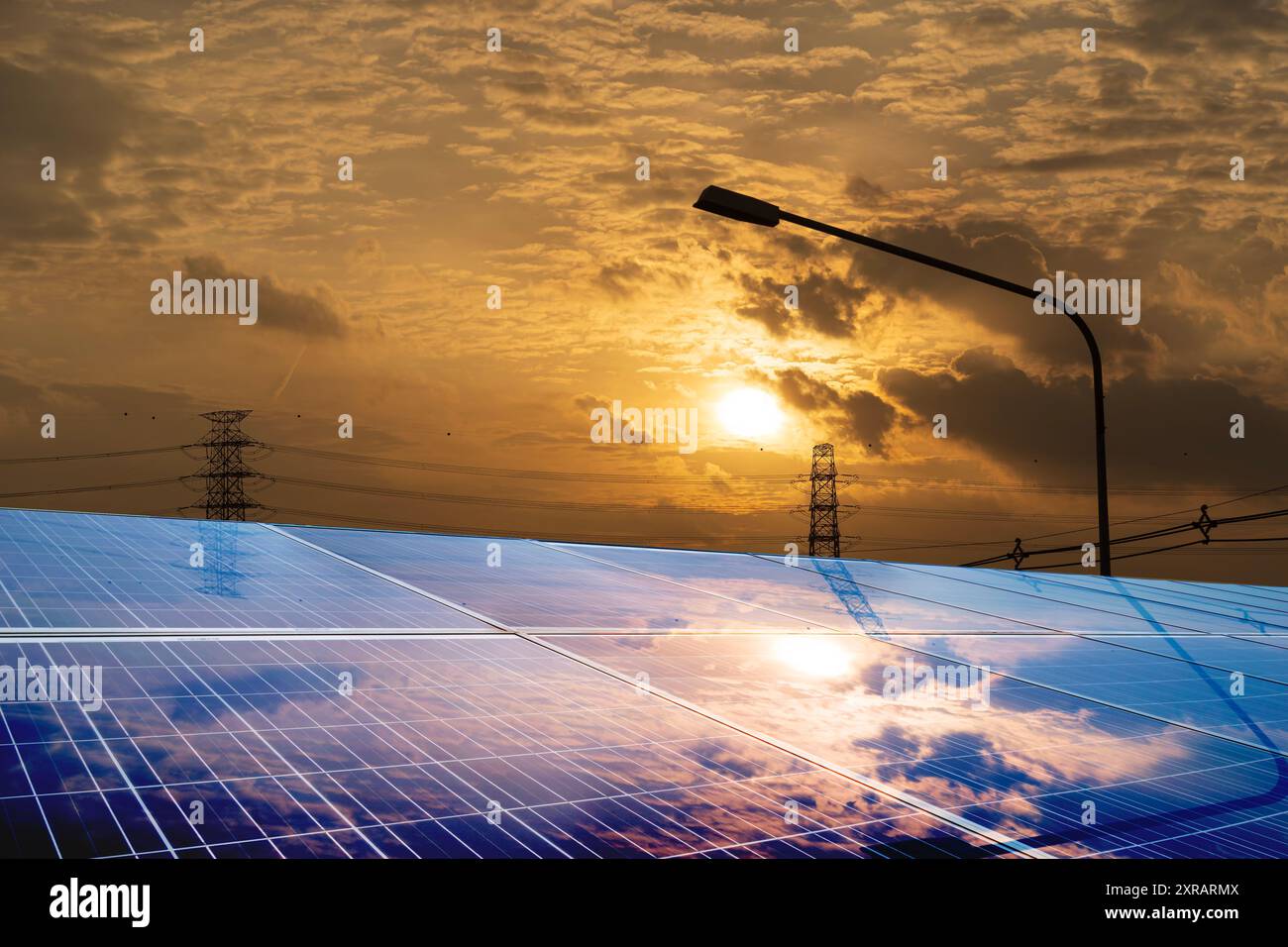 Photovoltaic solar panels mounted on building roof for producing clean ...