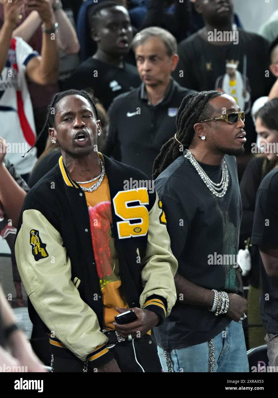 Paris, France. 08th Aug, 2024. American rappers Travis Scott, left, and ...