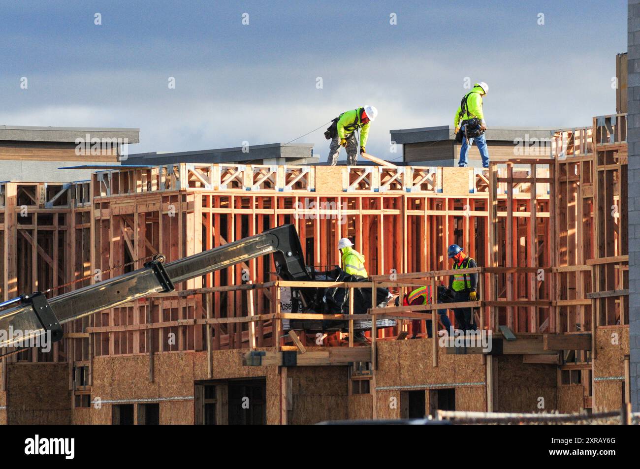 A crew of construction workers atop wooden structures, building a multi ...