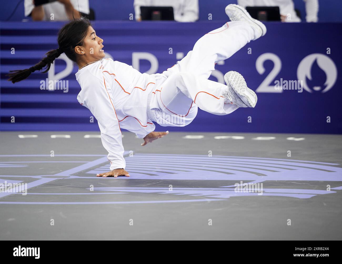 PARIS - India Sardjoe in action against Vanessa of Portugal during the qualifying breaking for B-girls on the Place de la Concorde at the Olympic Games. ANP IRIS VAN DEN BROEK Stock Photo