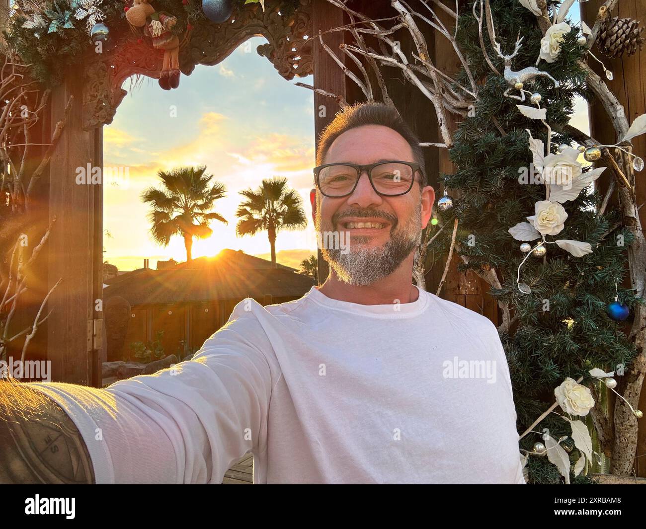 One tourist smile taking selfie picture to share on social media with phone mobile connection. People and travel summer holiday vacation destination concept. Lifestyle and outdoor leisure activity Stock Photo
