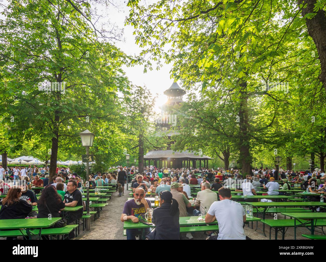 Munich, beer garden at Chinese Tower, blossoming chestnut trees, park